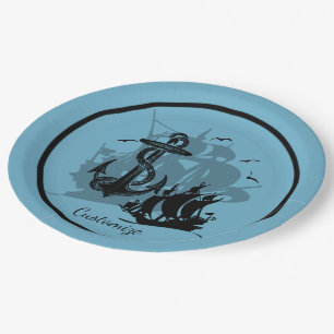Pirate Ship & Anchor Black Silhouette Paper Plates
