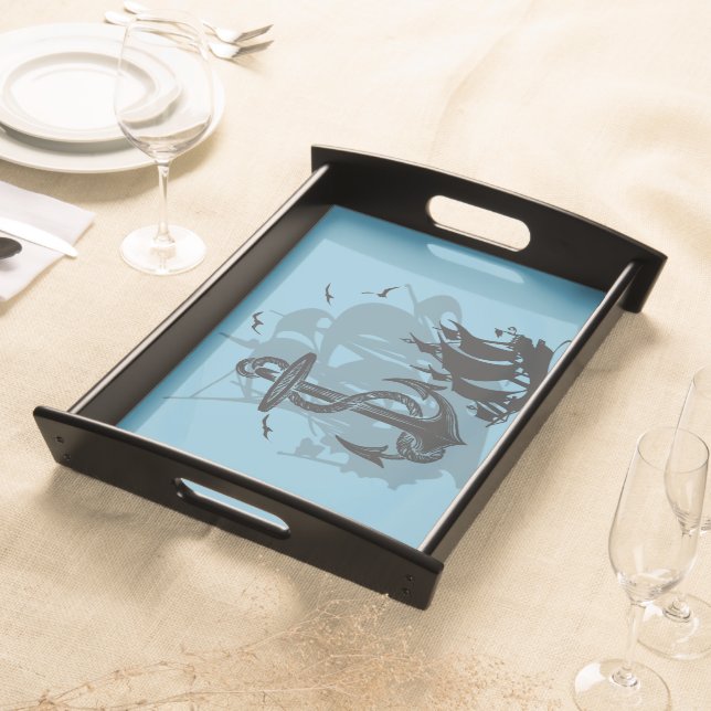 Pirate Ship & Anchor Black Silhouette Serving Tray (Front)