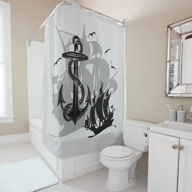 Pirate Ship & Anchor Black Silhouette Shower Curtain (In Situ)
