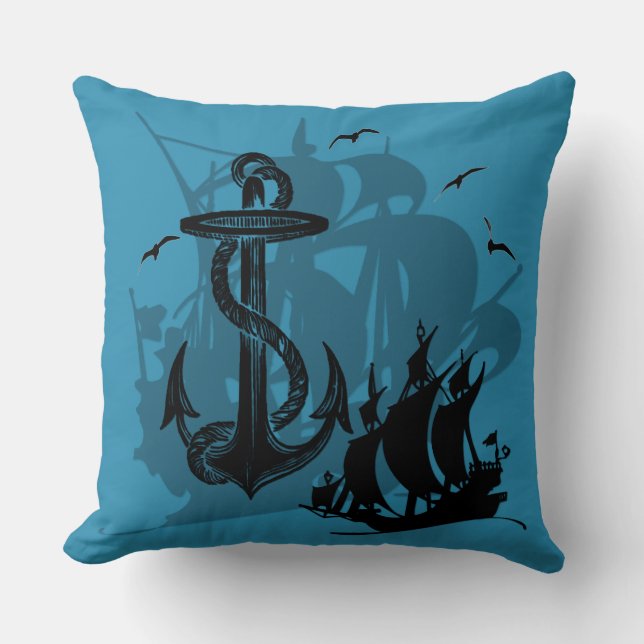 Pirate Ship & Anchor Black Silhouette Throw Pillow (Front)
