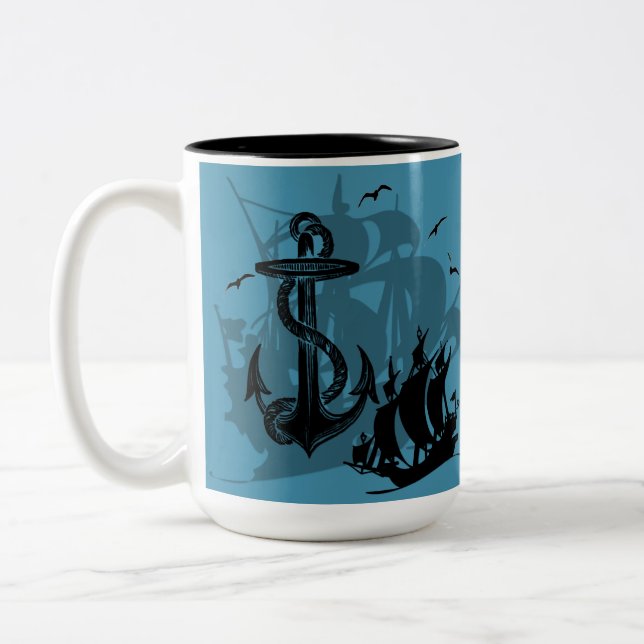 Pirate Ship & Anchor Black Silhouette Two-Tone Coffee Mug (Left)