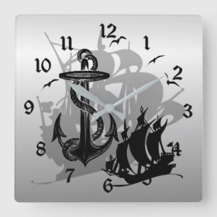 Pirate Ship & Anchor Black Silhouette Wall Clock