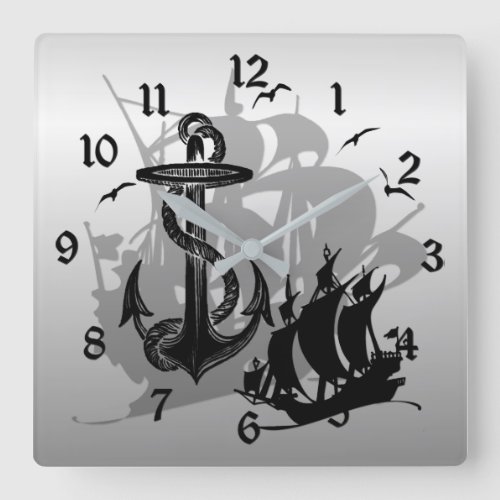 Pirate Ship  Anchor Black Silhouette Wall Clock