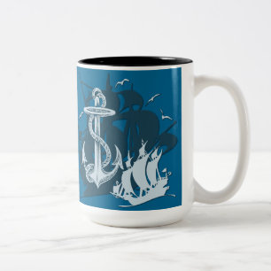 Pirate Ship & Anchor White Silhouette Mug