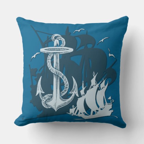 Pirate Ship  Anchor White Silhouette Throw Pillow