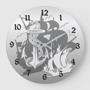 Pirate Ship & Anchor White Silhouette Wall Clock