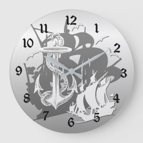 Pirate Ship  Anchor White Silhouette Wall Clock