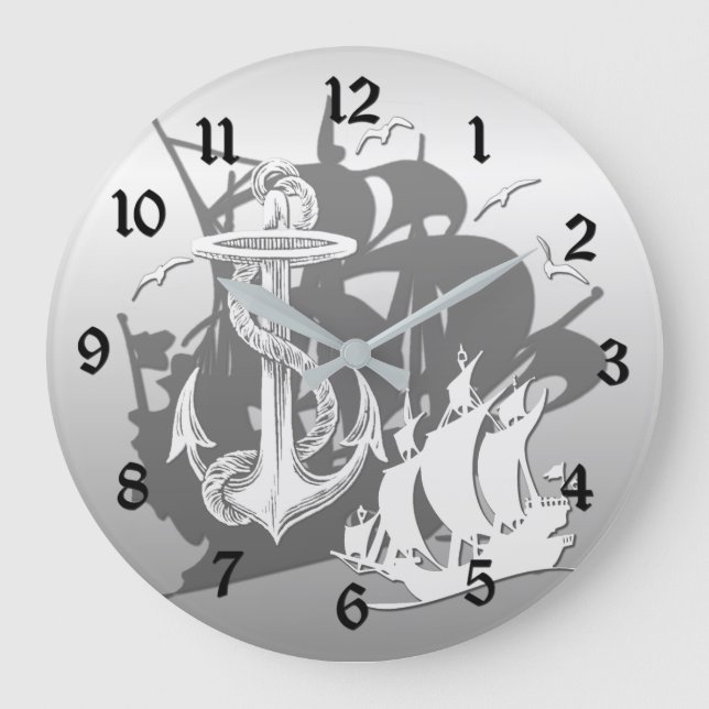Pirate Ship & Anchor White Silhouette Wall Clock (Front)