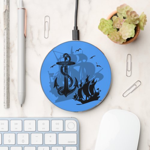 Pirate Ship And Anchor Blue Wireless Charger