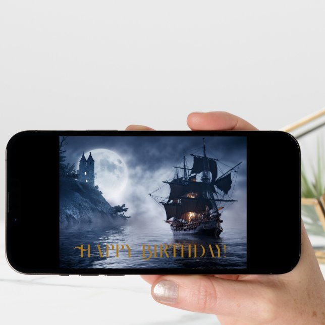 Pirate ship and castle Happy birthday Card (Front Digital)