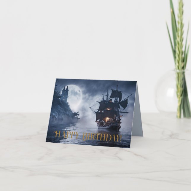 Pirate ship and castle Happy birthday Card (Front)