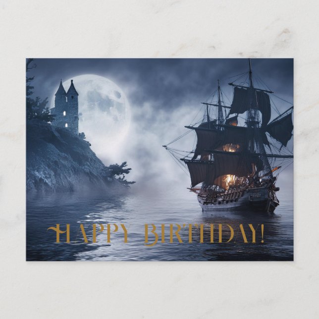 Pirate ship and castle Happy birthday Postcard (Front)