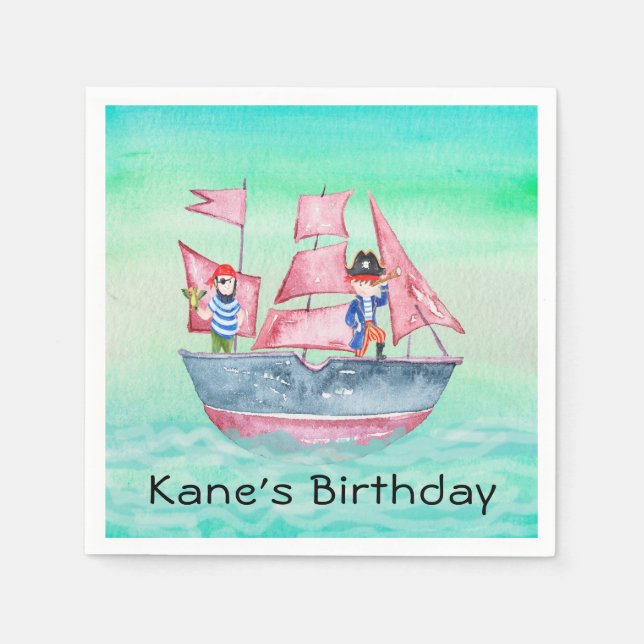 Pirate Ship and Pirates for Kids Birthday Napkins (Front)