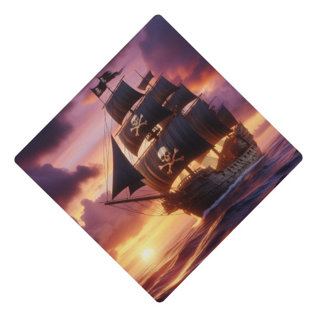Pirate ship at sunrise/sunset  graduation cap topper (Front)
