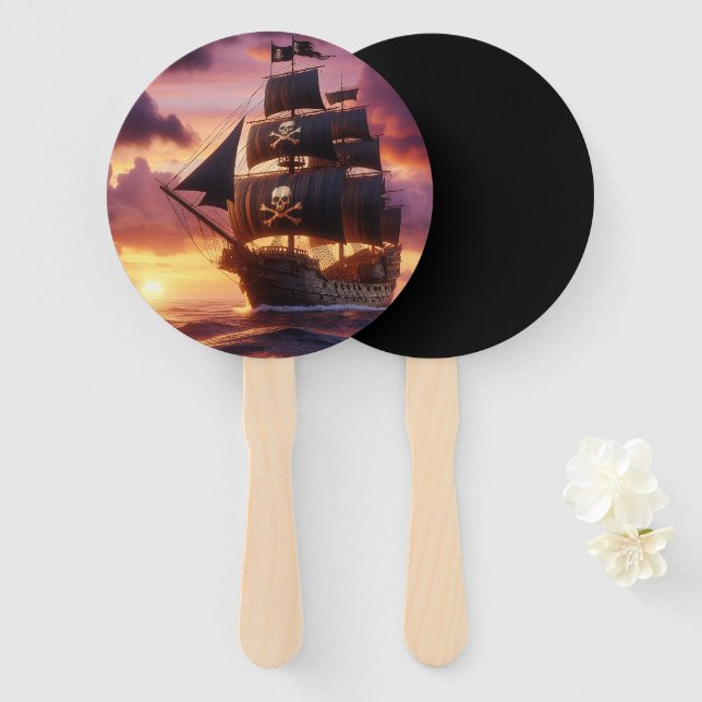 Pirate ship at sunrise/sunset  hand fan (Front and Back)