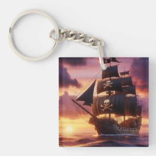 Pirate ship at sunrise/sunset  keychain