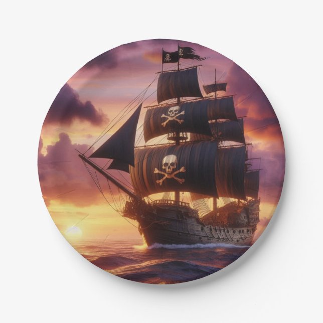 Pirate ship at sunrise/sunset  paper plates (Front)