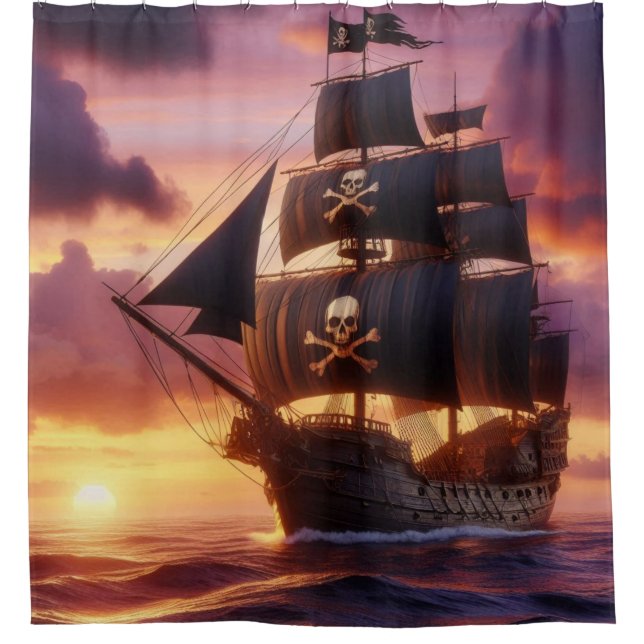 Pirate ship at sunrise/sunset  shower curtain (Front)