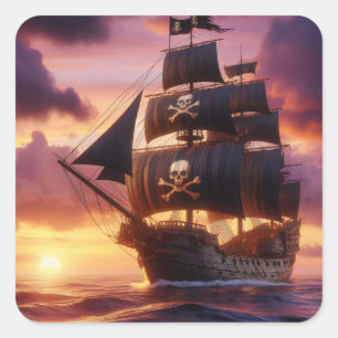 Pirate ship at sunrise/sunset square sticker