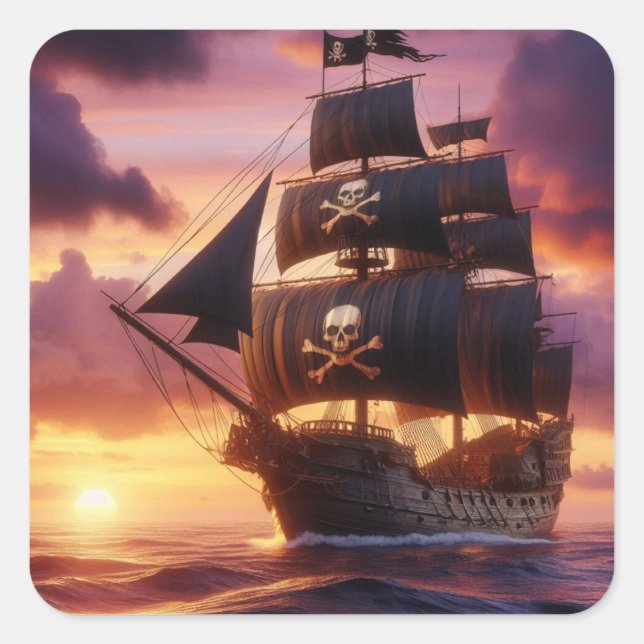 Pirate ship at sunrise/sunset  square sticker (Front)