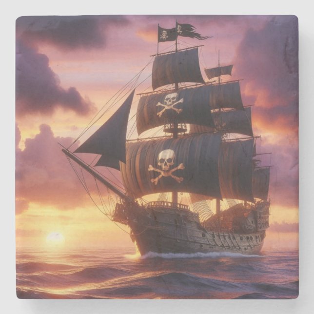 Pirate ship at sunrise/sunset  stone coaster (Front)