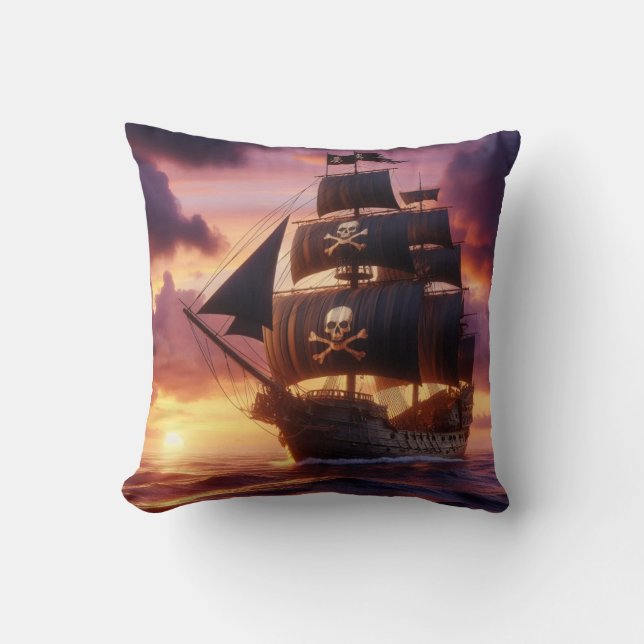 Pirate ship at sunrise/sunset  throw pillow (Front)