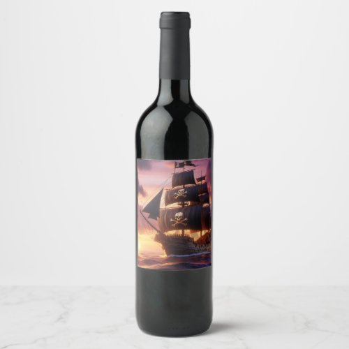 Pirate ship at sunrisesunset  wine label