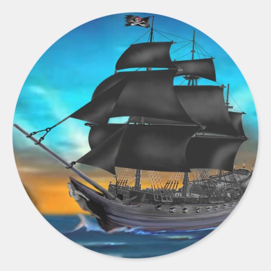 PIRATE SHIP AT SUNSET CLASSIC ROUND STICKER