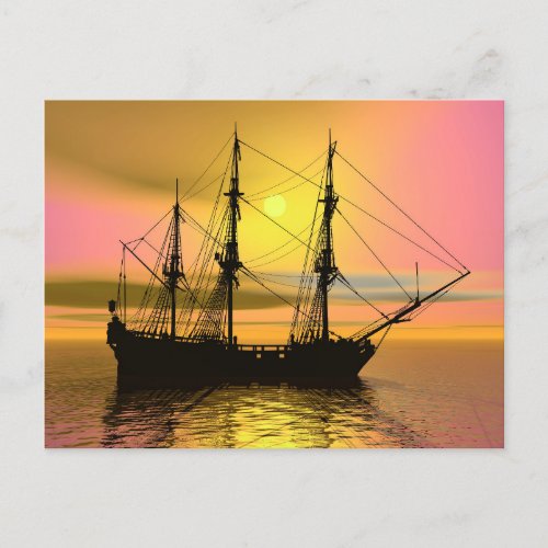 Pirate ship at sunset holiday postcard