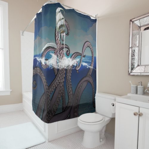 Pirate Ship Attacked by Giant Kraken Shower Curtain