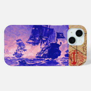 PIRATE SHIP BATTLE / ANTIQUE PIRATES TREASURE MAPS iPhone 15 CASE