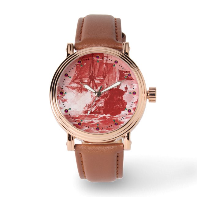 PIRATE SHIP BATTLE Antique Red White Nautical Watch (Front)