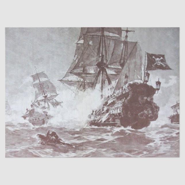 PIRATE SHIP BATTLE Black White Grey Hues Tissue Paper (Front)