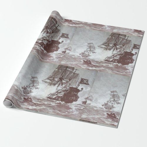 PIRATE SHIP BATTLE Black White Grey Hues Wrapping Paper