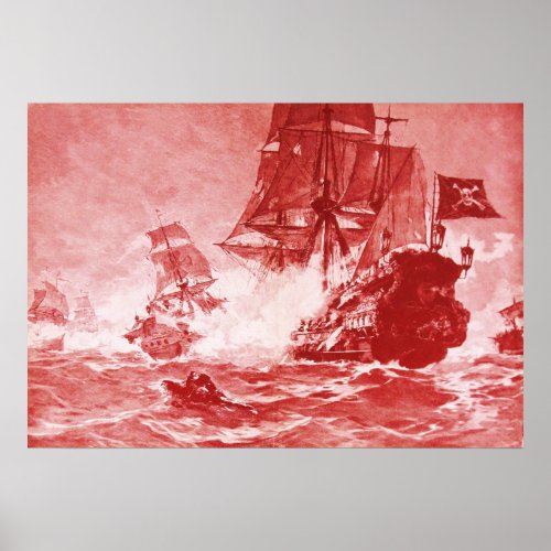 PIRATE SHIP BATTLE IN ANTIQUE RED POSTER