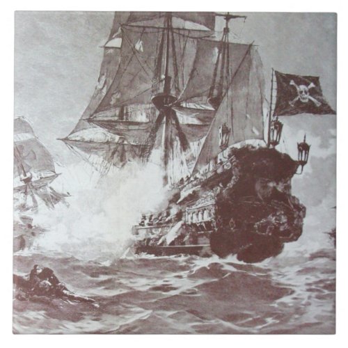 PIRATE SHIP BATTLE IN BLACK AND WHITE CERAMIC TILE