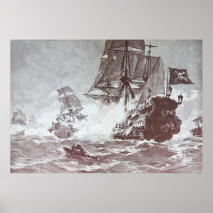 PIRATE SHIP BATTLE IN BLACK AND WHITE POSTER