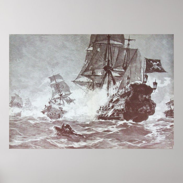 PIRATE SHIP BATTLE IN BLACK AND WHITE POSTERS