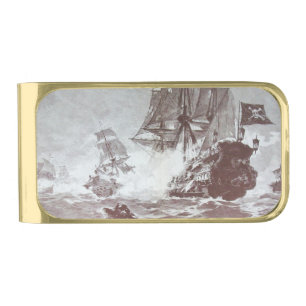 PIRATE SHIP BATTLE IN black Gold Finish Money Clip