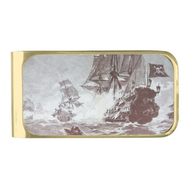 PIRATE SHIP BATTLE IN black Gold Finish Money Clip (Front)