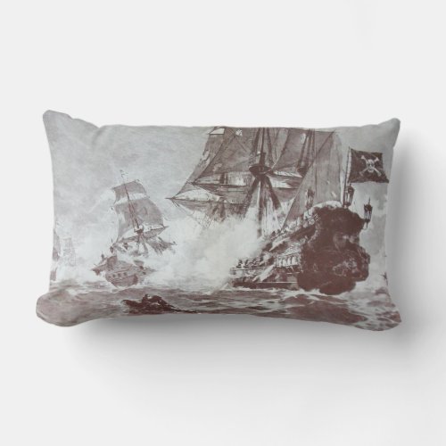 PIRATE SHIP BATTLE IN black white Lumbar Pillow