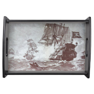 PIRATE SHIP BATTLE IN black white Serving Tray