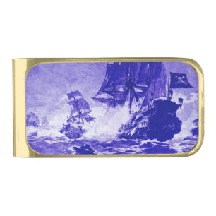 PIRATE SHIP BATTLE IN blue Gold Finish Money Clip