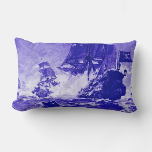 PIRATE SHIP BATTLE IN blue Lumbar Pillow