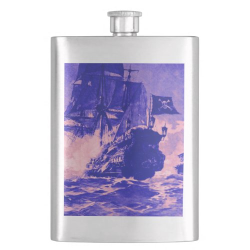 PIRATE SHIP BATTLE IN blue pink Hip Flask