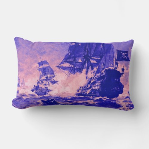 PIRATE SHIP BATTLE IN blue pink Lumbar Pillow