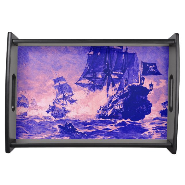 PIRATE SHIP BATTLE IN blue pink Serving Tray (Front)