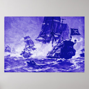 PIRATE SHIP BATTLE IN BLUE POSTER