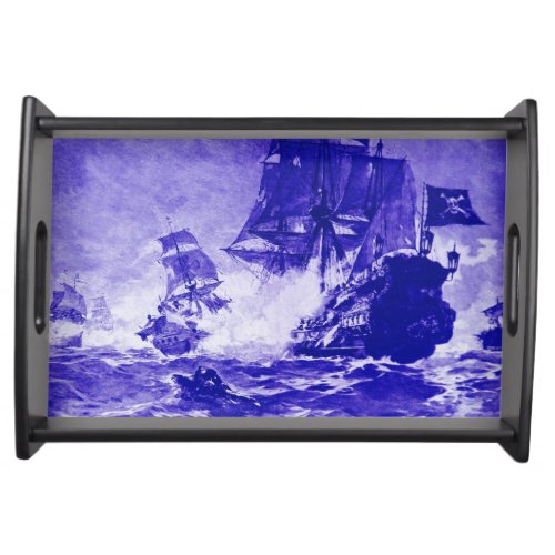 PIRATE SHIP BATTLE IN blue Serving Tray