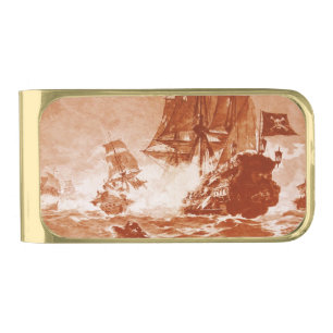 PIRATE SHIP BATTLE IN brown Gold Finish Money Clip